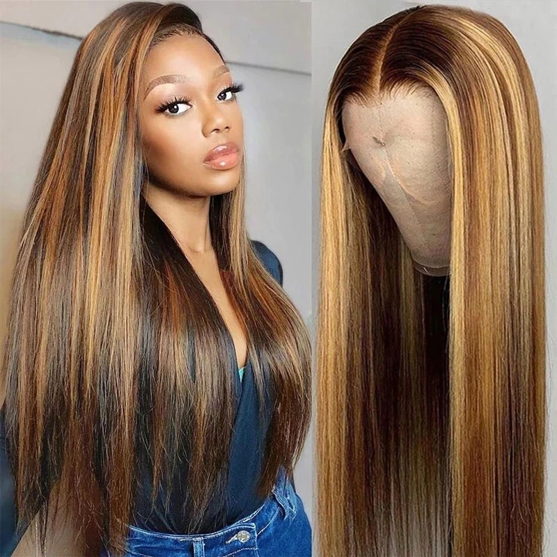 Curlyme Highlight Lace Front Wig Straight Human Hair Wig Colored Wig 13x4 Lace Frontal Wigs P4/27