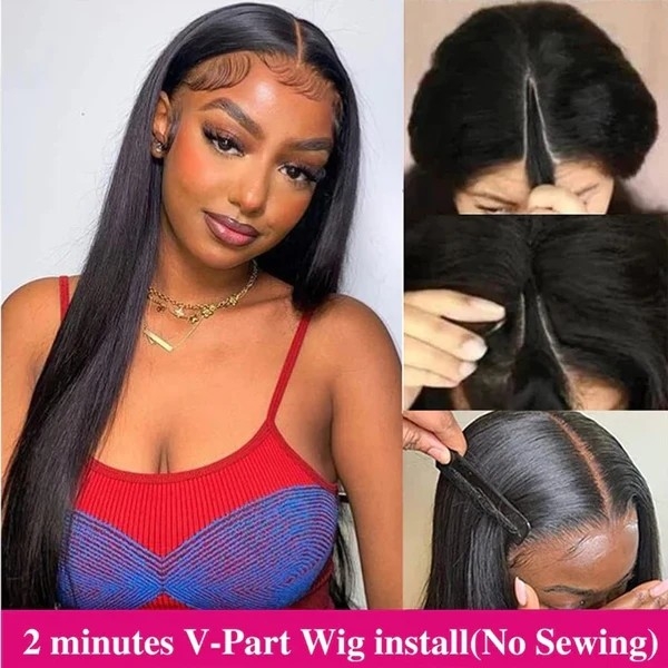 Glueless V Part Wig Silk Straight Wig Beginner Friendly Human Hair Wigs For Women