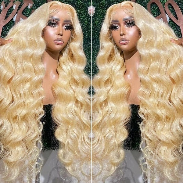 32 Inch Blonde Glueless Body Wave Human Hair Wigs 13x4 HD Transparent 613 Lace Front Wigs