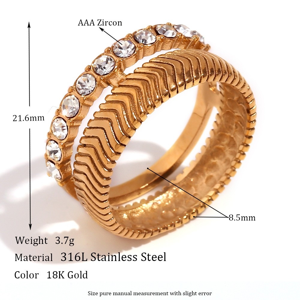 European and American Personality Niche Hot-selling Stainless Steel with 18K Gold Micro Inlaid Fishbone Texture Ring