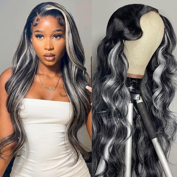 Platinum Blonde Grey Highlights Body Wave Lace Front Wigs 13x4 Piano Colored Human Hair Wigs