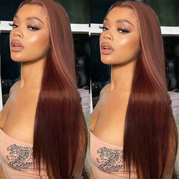 Rich Reddish Brown Glueless 13x4 HD Lace Front Straight Human Hair Wig in Beautiful Auburn Brown