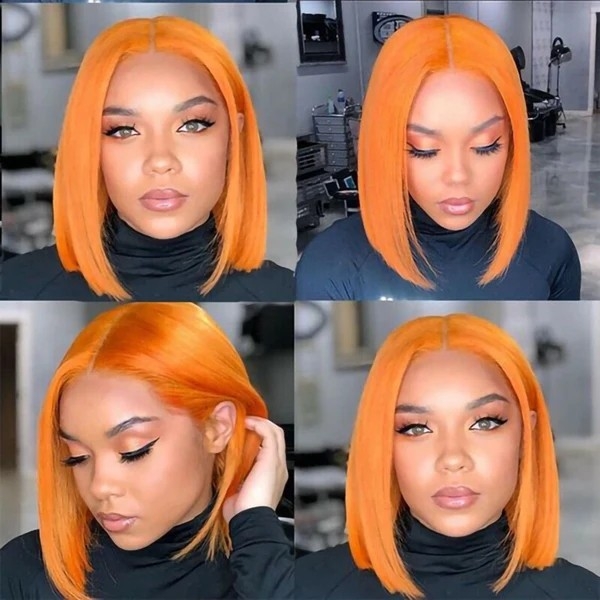 Trendy Short Ginger Bob with Side Part and Straight Colored Human Hair Lace Front