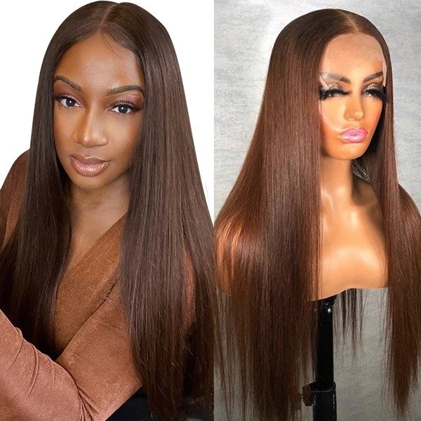 Rich Brown Shade Lace Front Wig - 13x4 HD Transparent Lace Frontal, Straight Style, 4x4 Lace Closure Wig