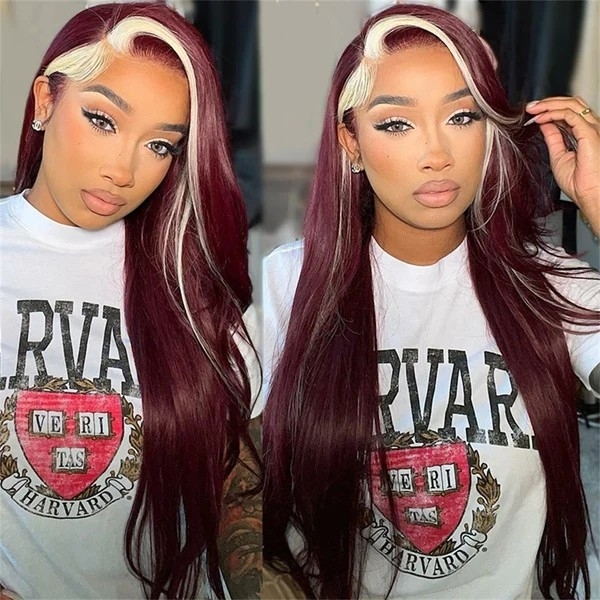 Burgundy and Blonde Fusion - HD Transparent 13x4 Body Wave Lace Front Wig with 99J Red Skunk Stripe