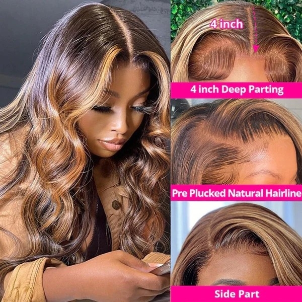 Highlight Ombre Body Wave Human Hair Wigs - 250% Density, 13x4 HD Transparent Lace Frontal, P4 27