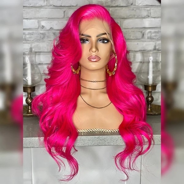 Vibrant Barbie Pink Body Wave Lace Wig - 13x4 HD Transparent Lace Frontal, Colored Human Hair Wigs