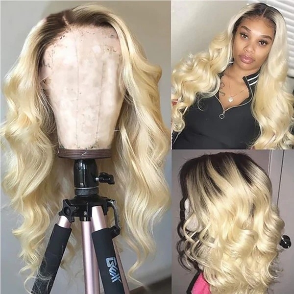 Ombre Blonde Lace Front Wig - Playful Body Wave Human Hair Wigs in Shades of 1B/613, 28-30 Inches