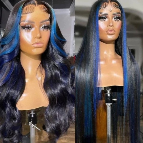 13x4 HD Transprent Lace Front Wig Black With Blue Highlights Skunk Stripe Wig Body Wave Colored Human Hair Wigs