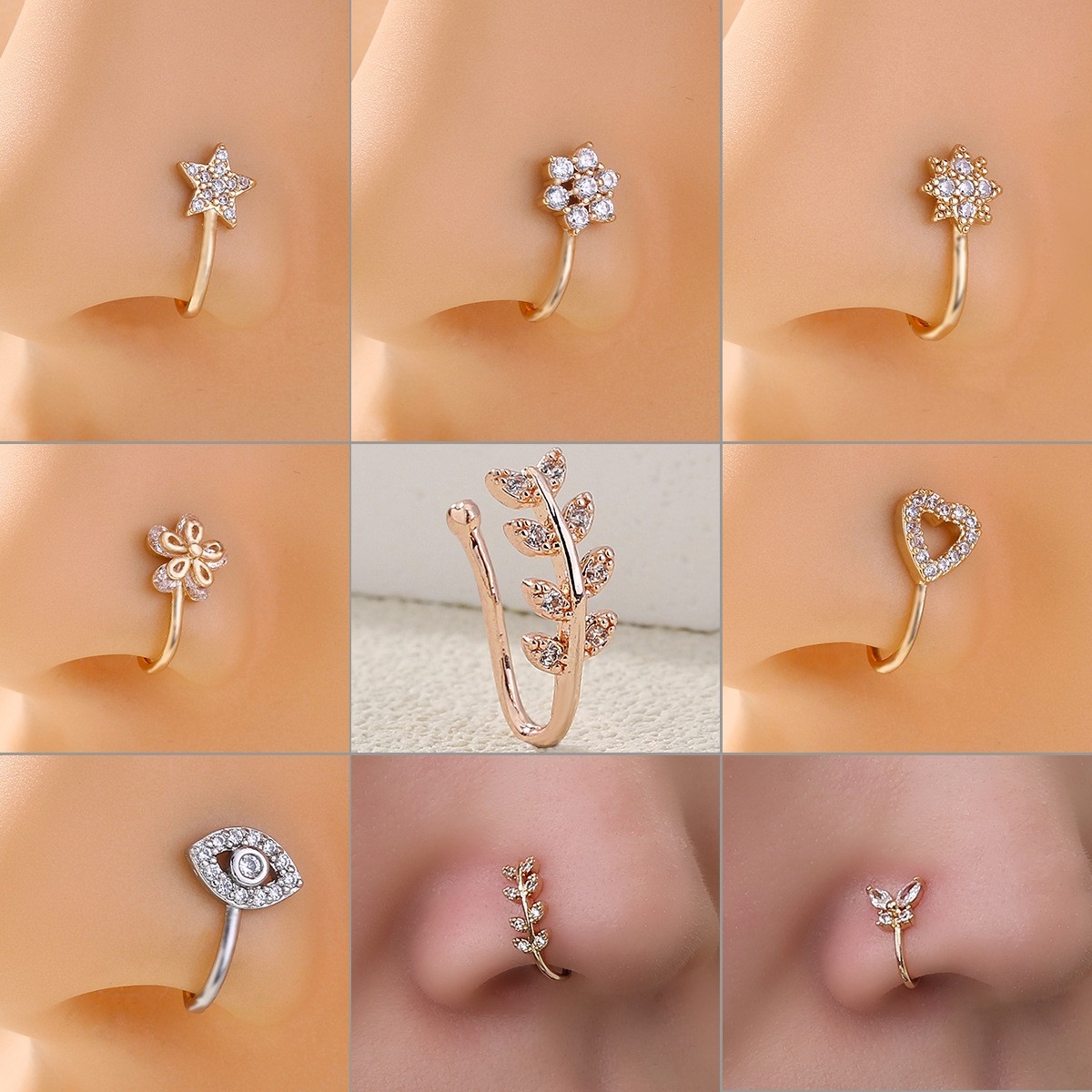 Cross-Border European and American 2024 New Flower Zircon Nose Ring: Minimalist Geometric U-Shaped Copper Micro Inlaid Non-Piercing Nose Stud Piercing Accessory