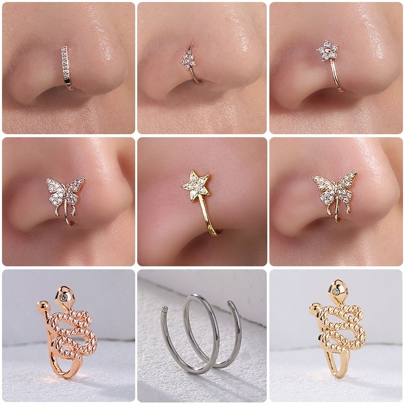 Cross-Border Jewelry Accessory: Copper Inlaid Diamond Snake-Shaped Nose Ring, Butterfly Piercing Nose Jewelry, Wholesale Nose Clip