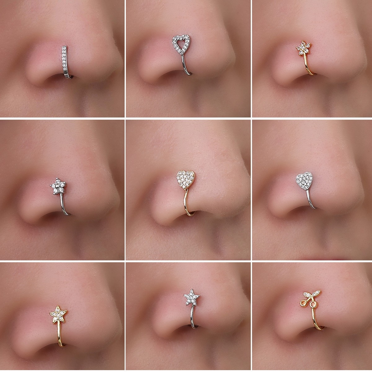 European and American Cross-Border New Zircon Nose Ring: Metal U-Shaped Small Flower Heart Nose Stud, Minimalist Fashion Piercing Accessory