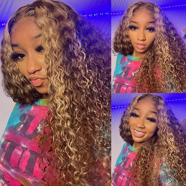 Curlyme Highlighted Deep Wave Wig 13x4 Lace Front Wigs Honey Blonde Deep Curly Human Hair Wigs P4/27