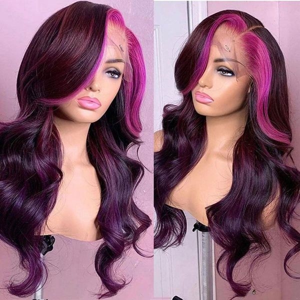 Purple Pink Skunk Stripe Lace Front Wig with Pink Streak in Front