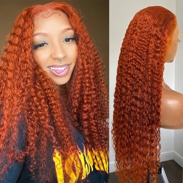 Vibrant Orange Curly Glueless Human Hair Lace Front Wig, Ginger Color, Curlyme Collection