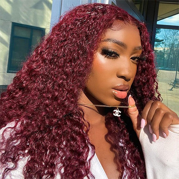 Dark Red 99J Curly Colored Human Hair Lace Front Wig with Baby Hairs