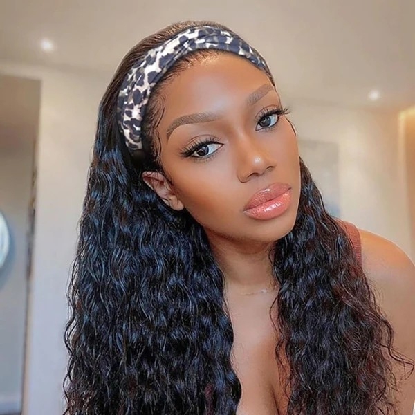 Half Water Wave Human Hair Wig with Headband, 100% Virgin Hair