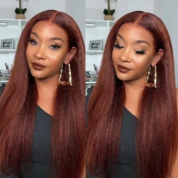 Reddish Brown Colored Human Hair Wigs Kinky Straight 13x4 HD Lace Front Wigs