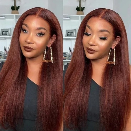 Reddish Brown Colored Human Hair Wigs Kinky Straight 13x4 HD Lace Front Wigs