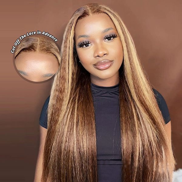 Highlight Brown 5x5 Glueless Kinky Straight Lace Wig, Pre-Customized PPB Human Hair