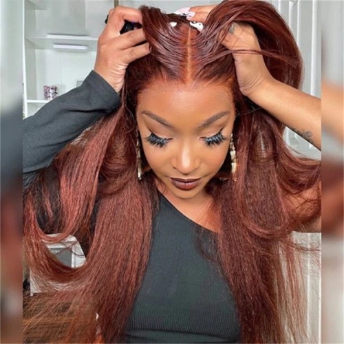 Reddish Brown Kinky Straight 13x4 HD Colored Human Hair Lace Front Wig