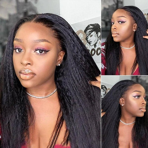 Kinky Straight Yaki Human Hair Glueless Lace Wig with 4x4 HD Lace Closure, Pre-Plucked