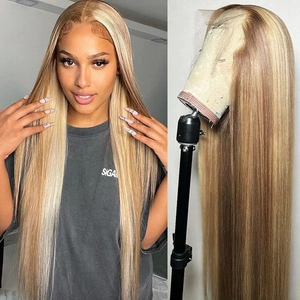 34 Inch Brown Wig with Blonde Highlights: 13x4 Straight Hair Lace Front Wigs in P4/613 HD Lace