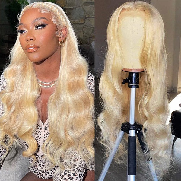 Glueless 13x4 Lace Front Wig in Body Wave Style: 613 Frontal Wig with Blonde Highlights