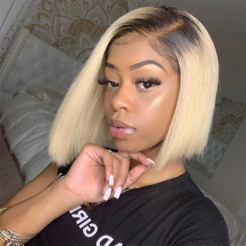 Blonde Ombre Wig Straight Hair Undetectable Lace 13×4 Front Short Blonde Bob Wig