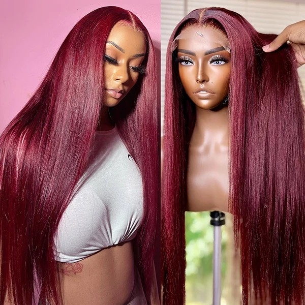 Burgundy 99J Straight Colored Human Hair Wigs 4x4 HD Lace Closure Wig Pre Plucked