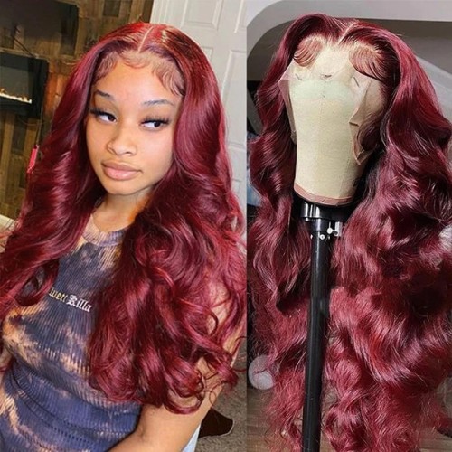 30 Inch Burgundy 99j Straight Colored Human Hair Wigs Middle T Part Lace Wig