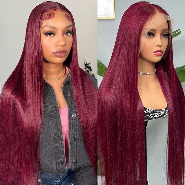 Burgundy 99J 13x4 HD Lace Front Wig Brazilian Straight Colored Human Hair Wigs For Women