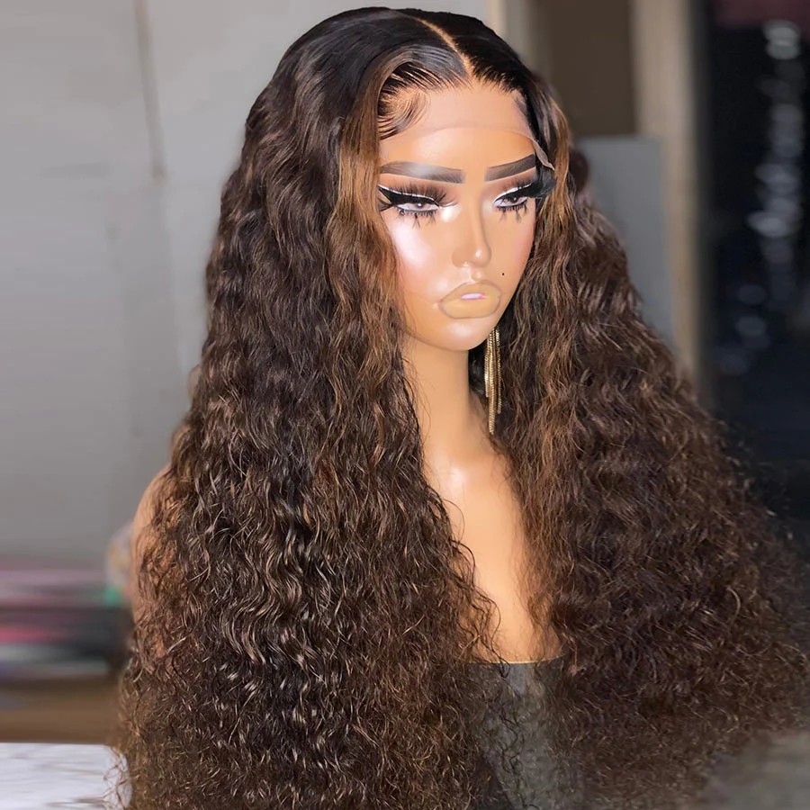 Elevate your style with a water wave wig featuring brown highlights, designed for easy wear & go with Mismarialee's 5X5 skinlike real HD lace closure