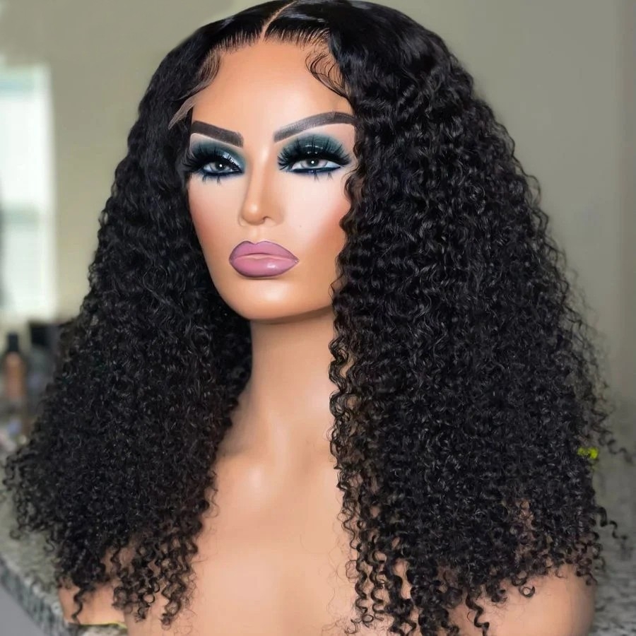 Get a trendy kinky curly look with Mismarialee's wear & go laceless wig, featuring a 5X5 skin-like real HD lace closure