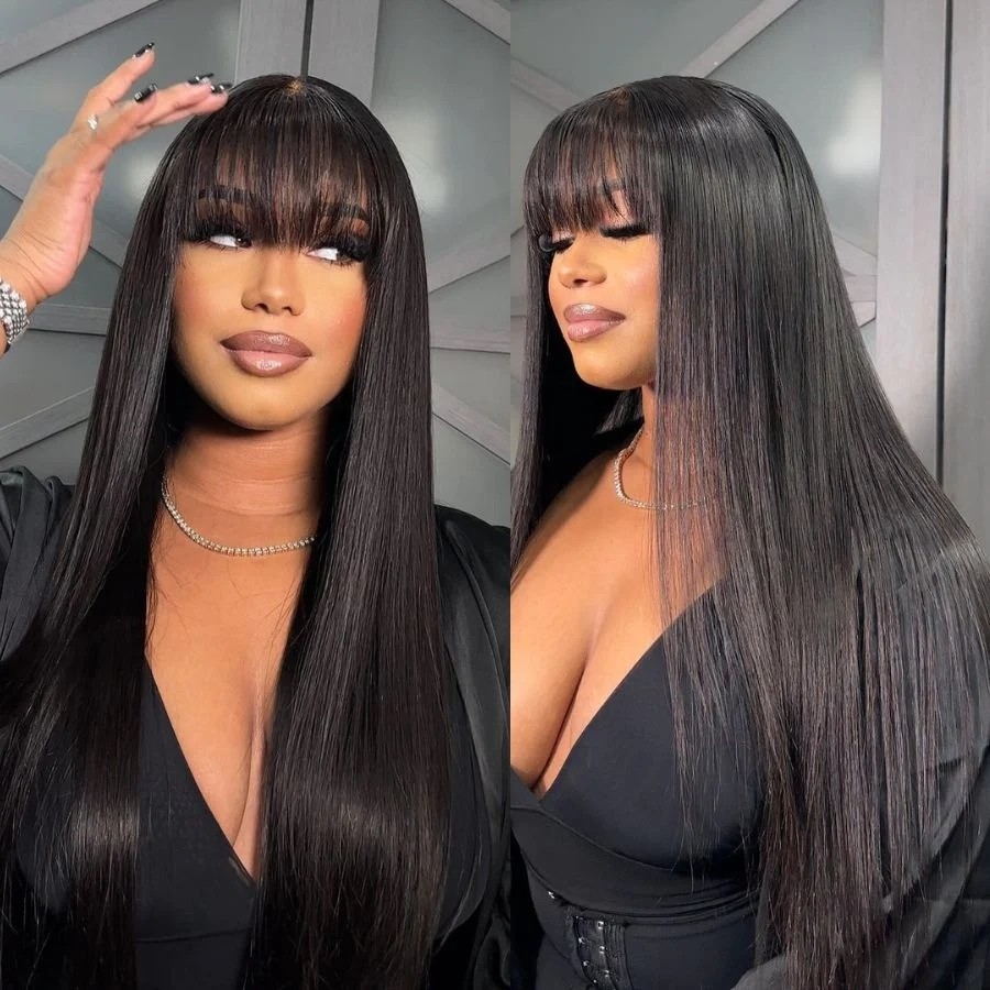 Achieve a stylish look with fringe and bangs using Mismarialee's straight HD lace wig with a laceless closure