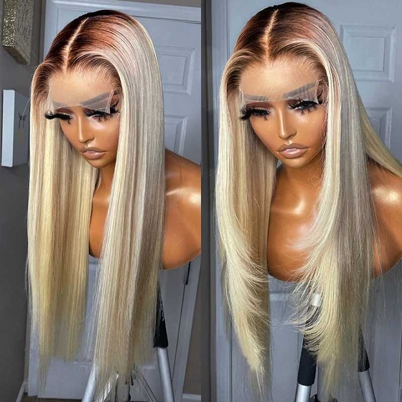 Blonde Wig with Dark Roots in 1B/613 shade, featuring Transparent HD Lace, 13*4 Frontal, and LADYNELA Hair