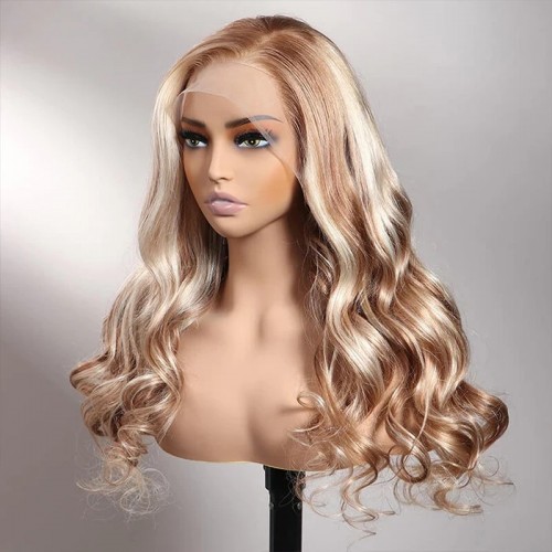 Brown Wig with Blonde Highlights, 13x4 Undetectable Invisible HD Lace Front Human Hair Wigs