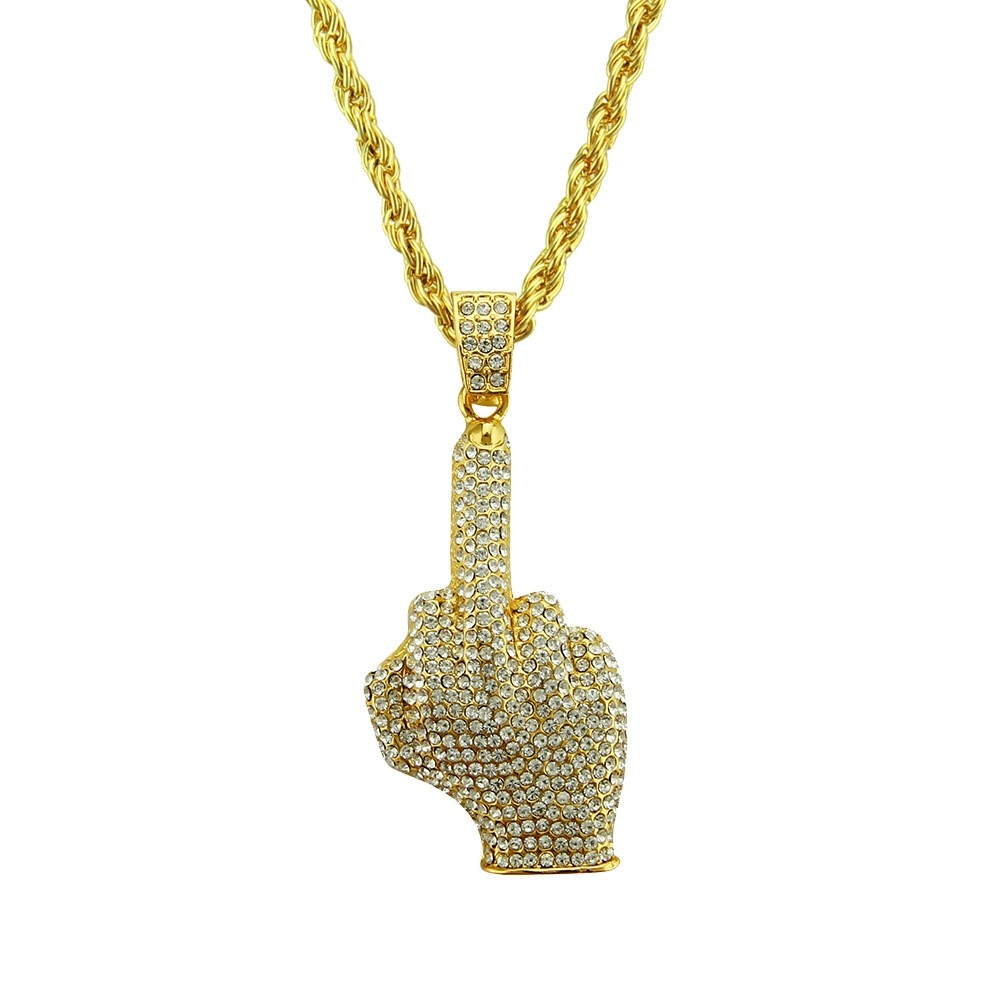 Foreign Trade New Necklace Hip-hop Small Middle Finger Pendant European and American Fashion Finger Inlaid Diamond Accessories