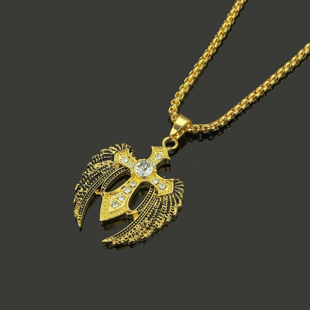 AliExpress Creative New Hip-hop Rap Inlaid Diamond Cross Wings Necklace Foreign Trade Pendant European and American Fashion Accessories