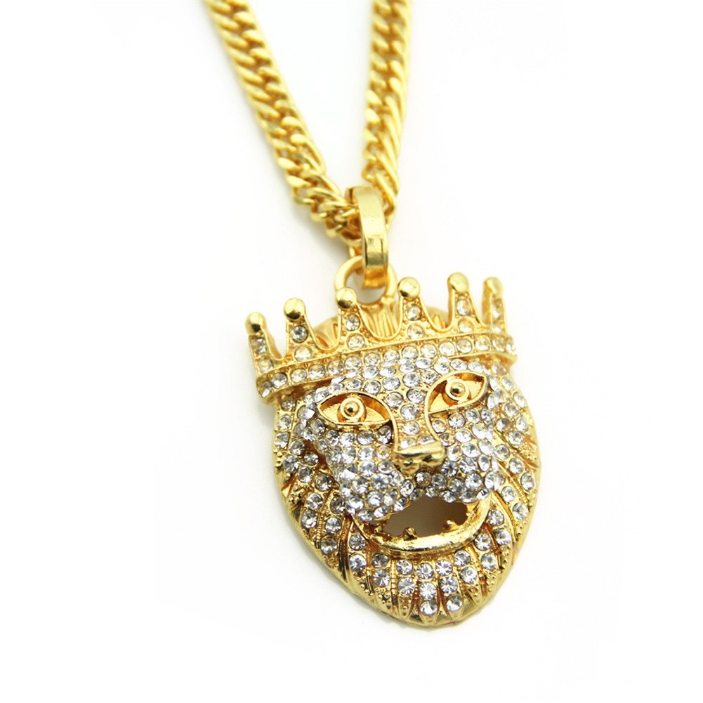 Amazon New Hip-hop Full Diamond Crown Lion Head Necklace Foreign Trade Hip-hop Pendant European and American Fashion Accessories