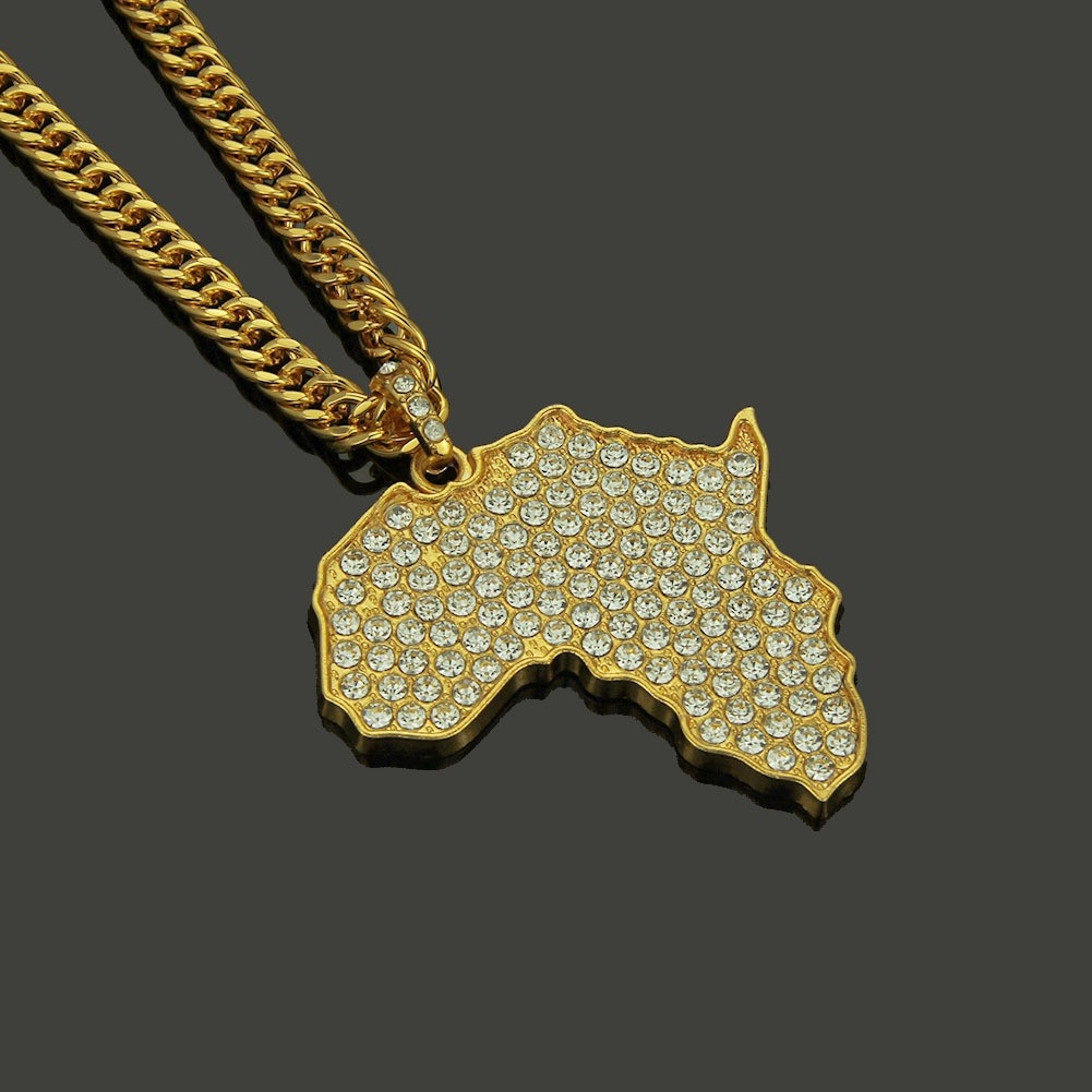 Amazon New European and American Necklace Hip-hop Africa Map Necklace Foreign Trade Full Diamond Pendant Fashion Accessories In Stock