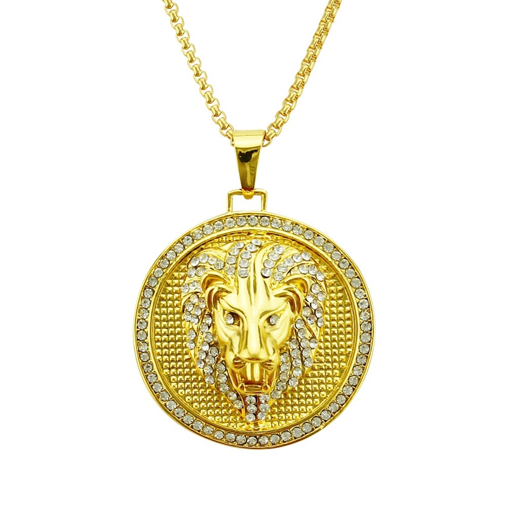 Foreign Trade Necklace Amazon Best-Selling Hip-hop Round Lion Head Necklace European and American Fashion Personality Pendant Necklace