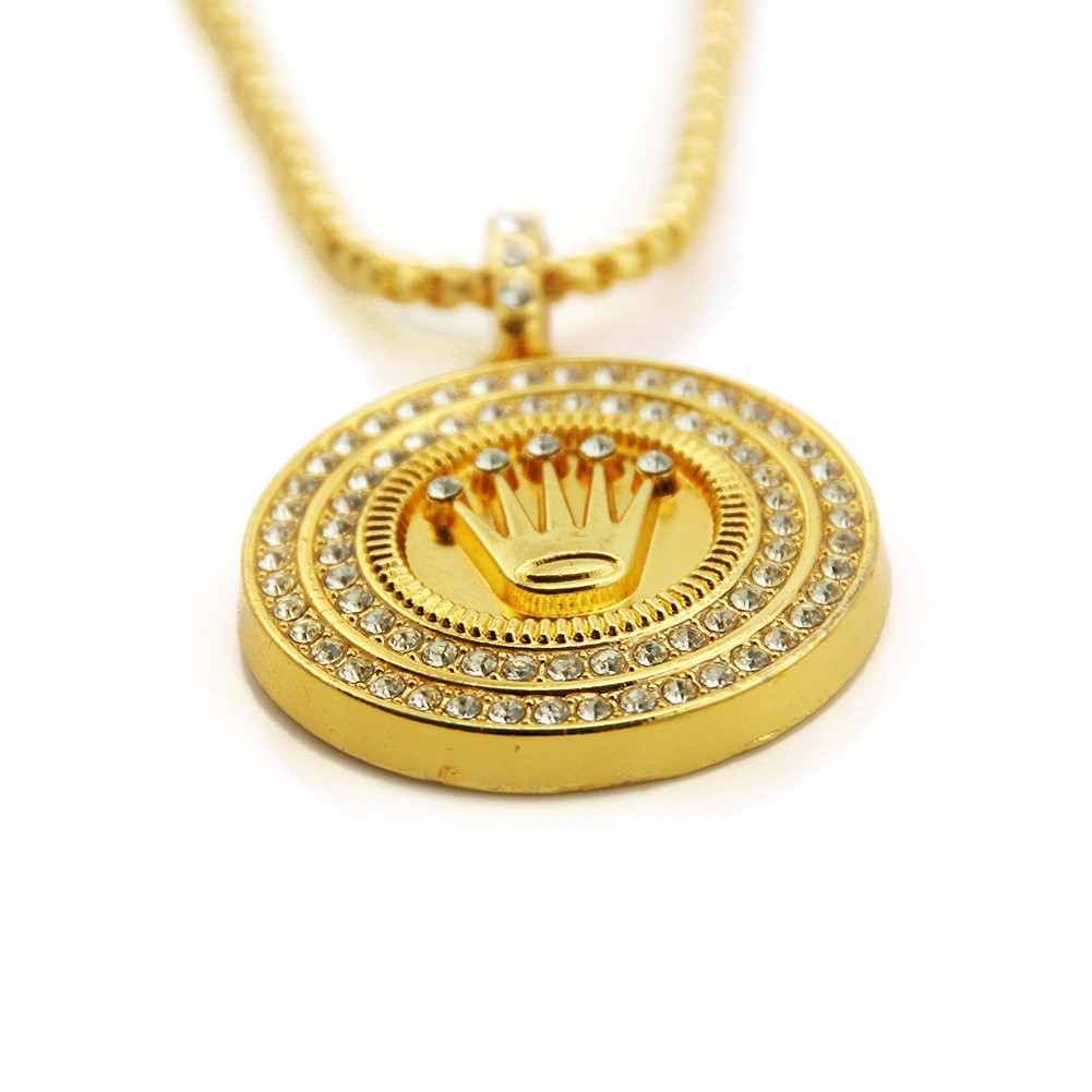 New Product Double Circle Diamond Round Crown Pendant Long Necklace Personalized European and American Hip-hop Street Dance Accessories Necklace