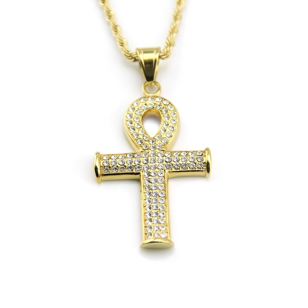 E-commerce Supply Inlaid Diamond Cross Gold Pendant Men's Punk Necklace Long Geometric Pendant