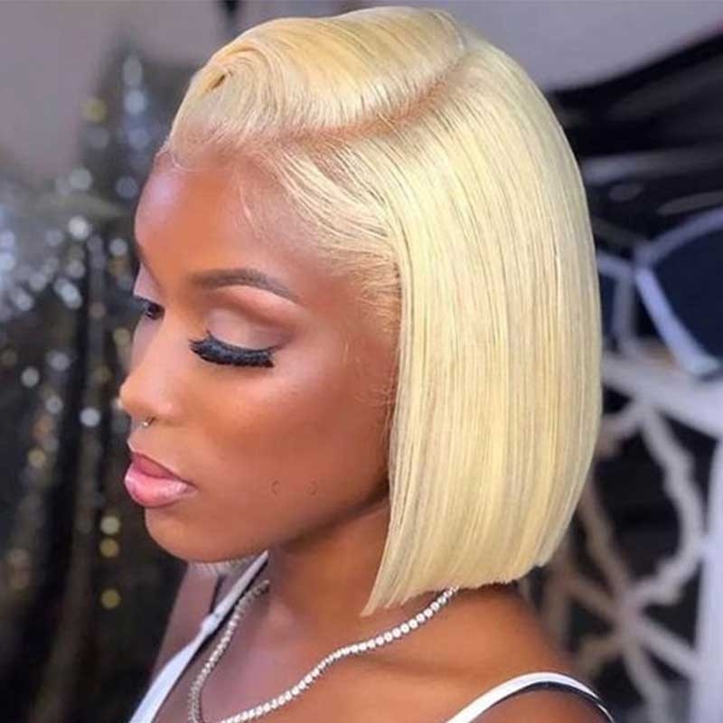 BLONDE BOB LACE WIG MADE WITH BRAZILIAN HUMAN HAIR, STRAIGHT STYLE, TRANSPARENT LACE, AND 180% DENSITY