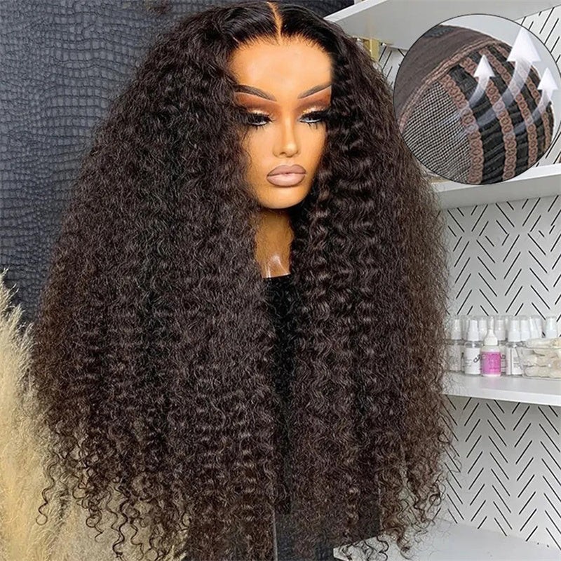 HUOKONG HAIR AIR WIG: QUICK INSTALLATION, PRE-BLEACHED KNOTS, KINKY CURLY HUMAN HAIR - 4X4/5X5/13X4 PRE-CUT LACE CLOSURE