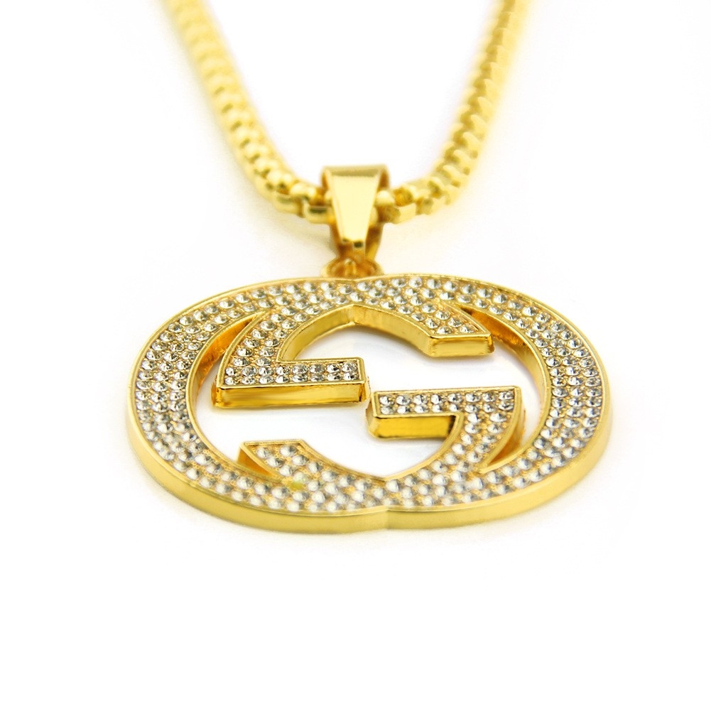 2024 New Accessories European and American Geometric Gold Inlaid Diamond Hollow Long Necklace Men's Pendant