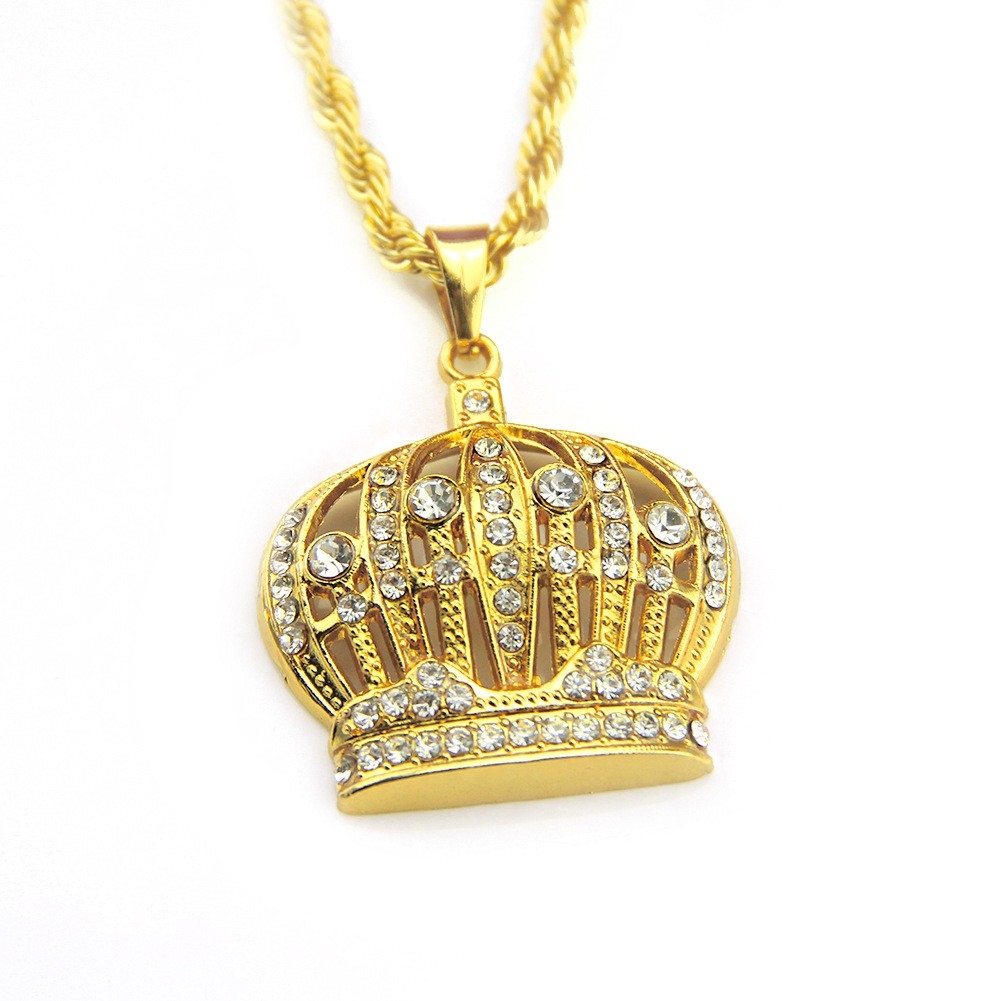 Explosive New European and American Hip-hop Rap Crown Hollow Inlaid Diamond Pendant Necklace Men's Fashion Pendant