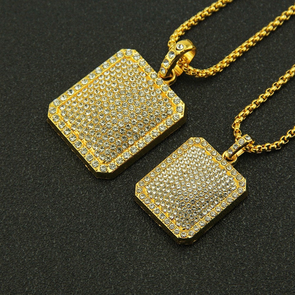 European and American Men's Hip-hop Necklace Bling Rhinestone Pendant Heavy Duty Full Diamond Dog Tag Pendant Necklace Factory in Stock