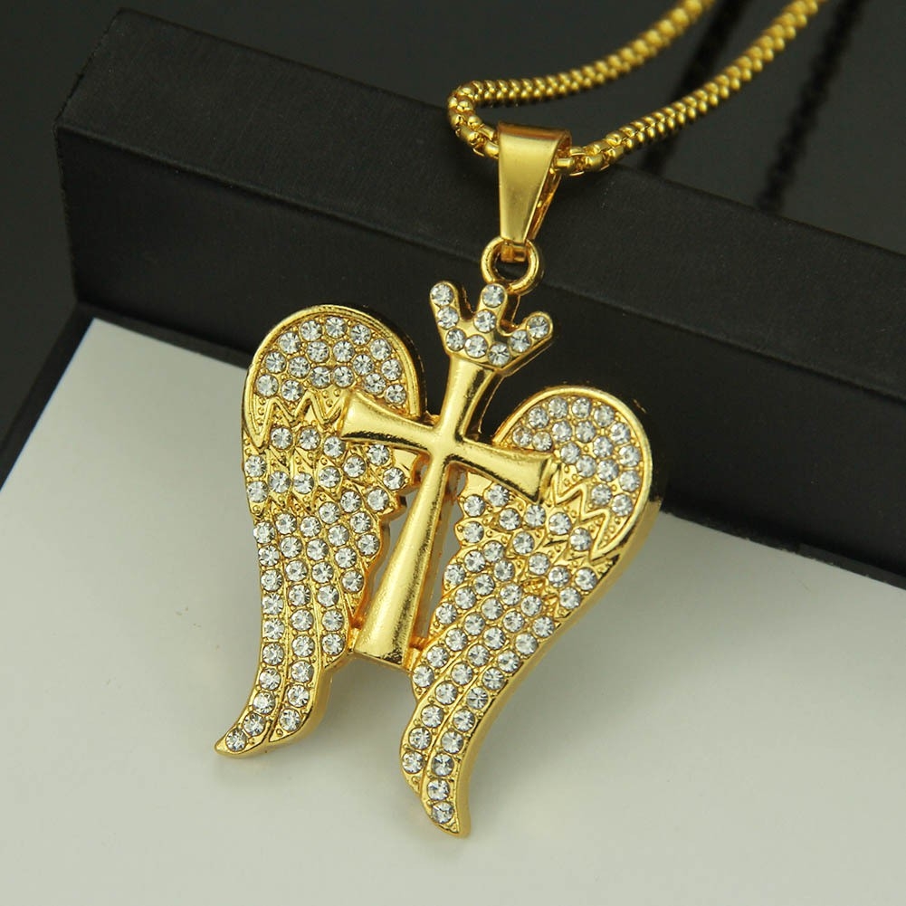 AliExpress Best-Selling Explosive European and American Men's Hip-hop Angel Wing Inlaid Diamond Pendant Necklace Accessories Factory Direct Sales